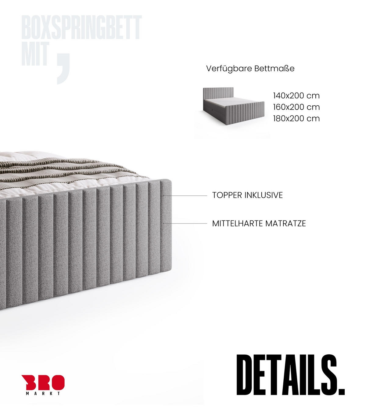 BOXSPRINGBETT Dream Duo mit Topper 140/200 Hellgrau - Hellgrau, Kunststoff (140/200cm) - Bromarkt