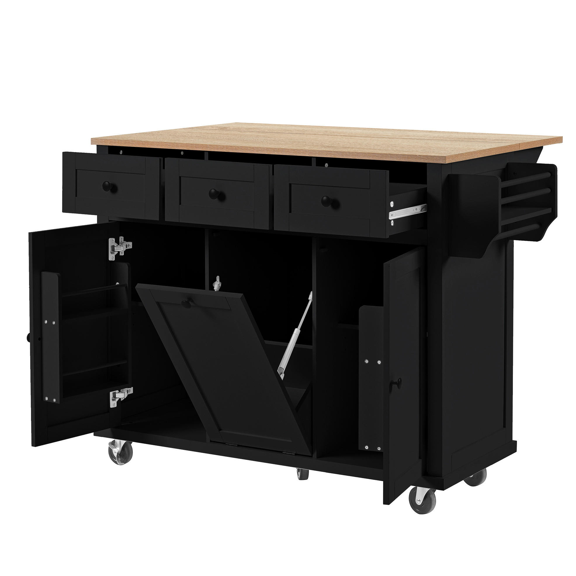Redom KUCHYŇSKÝ ostrůvek 112/46,2-76,2/92,7 cm s výsuvnou pracovní deskou, úložným prostorem na odpad a kolečky, Černá/Přírodní