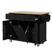 KÜCHENINSEL 112/46,2-76,2/92,7 cm aus MDF mit ausziehbarer Arbeitsplatte, Mülleimerfach und Rollen, Schwarz/Natur - Schwarz, Holzwerkstoff (112/92.7/76.2cm) - Redom