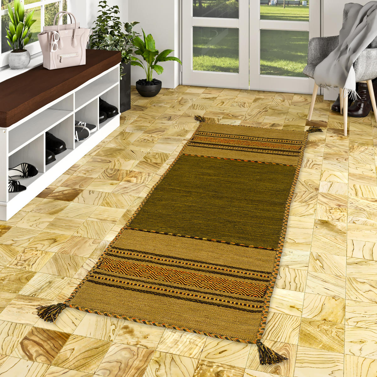 LÄUFER NATUR TEPPICH KELIM NAVARRO - Grün, Textil (70/250cm) - Pergamon