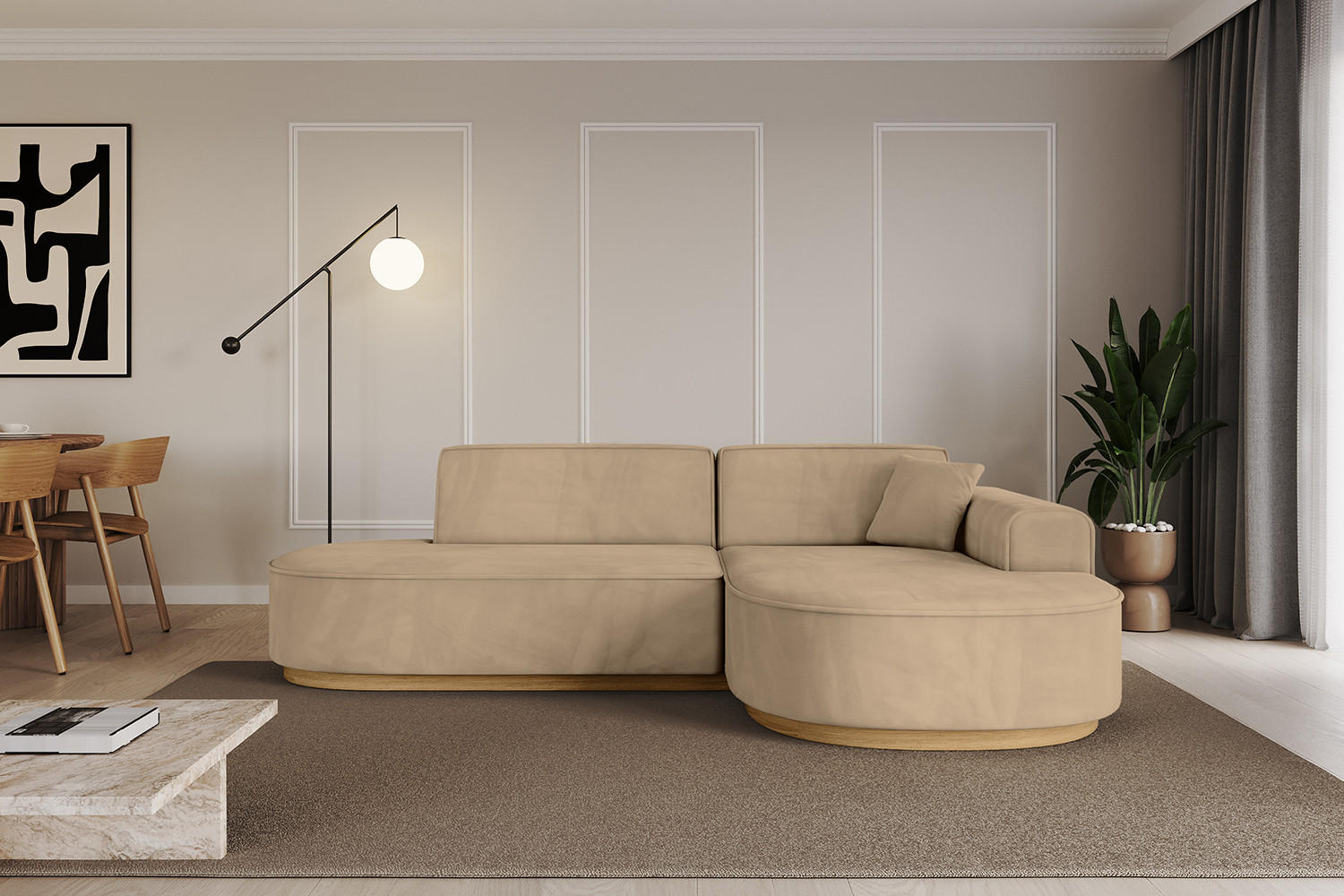 ECKSOFA Ottomane Rechts MARI-L1-v2 - 243x171x83 cm Taupe Velours - Taupe, Holzwerkstoff/Textil (171/243cm) - ALTDECOR