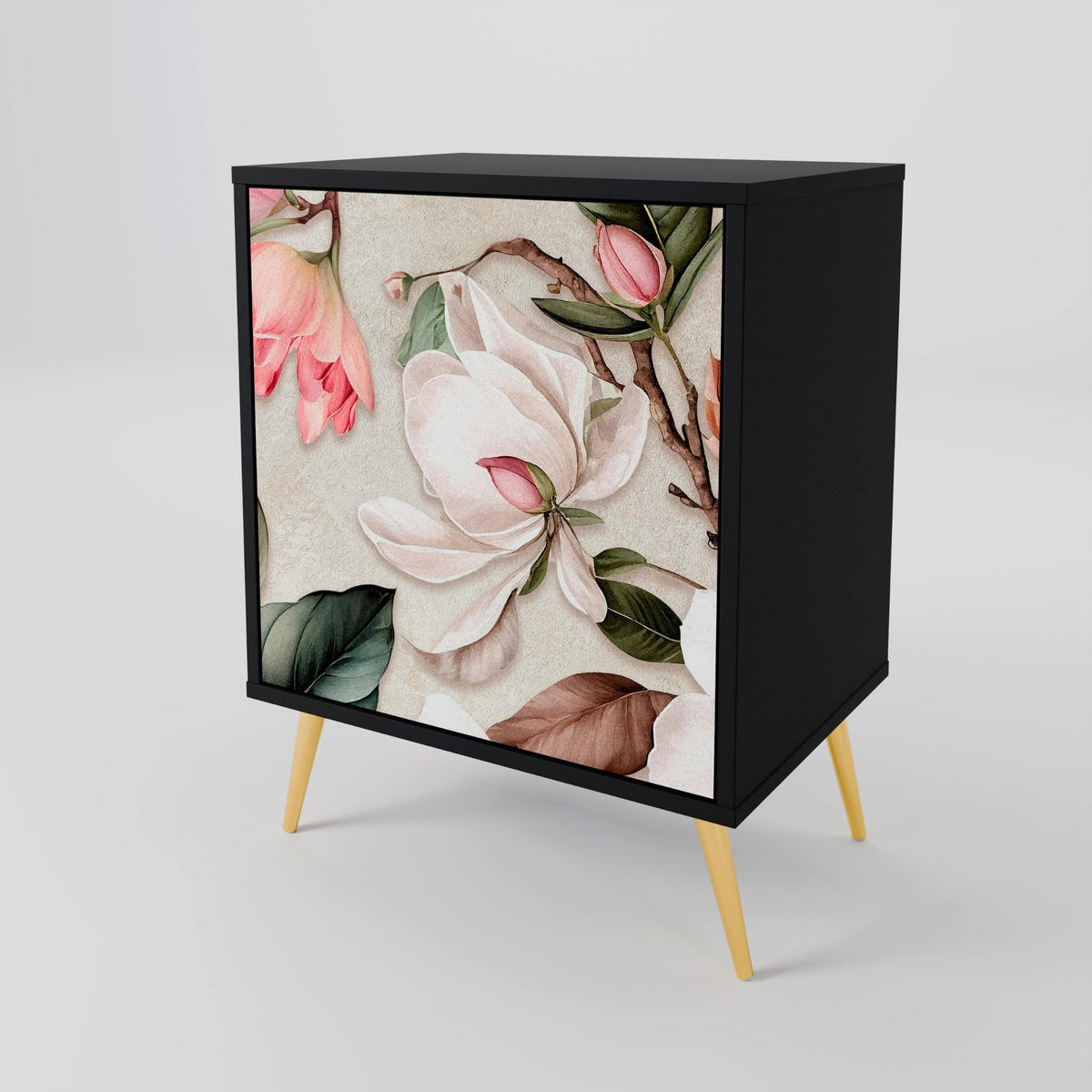 SIDEBOARD FLORAL GRACE, Schwarz, 57,5x42x67,5 cm, Schwarze Metall-Rahmenfüße - Multicolor/Schwarz, Holzwerkstoff/Metall (57.5/67.5/42cm) - SpaceRebels