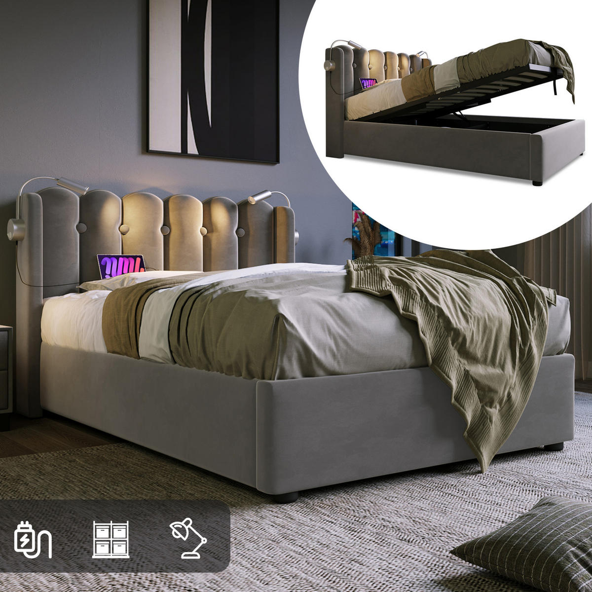 POLSTERBETT 90/200 cm Grau aus Samt mit Bettkasten und USB - Grau, Textil (90/200cm) - OKMYHOME