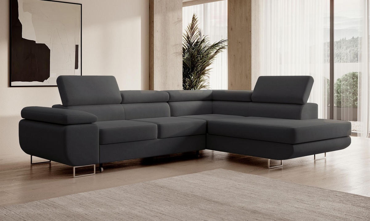 ECKSOFA Stevil Dunkelgrau Velours - Dunkelgrau/Silberfarben, Textil/Metall (275/203cm) - Selsey