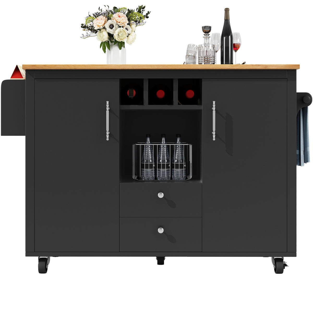 KÜCHENINSEL 137,9/73/92,2 cm aus MDF und Metall mit klappbarer Arbeitsplatte Schwarz - Schwarz, Holzwerkstoff (137.9/92/73cm) - Modenvie