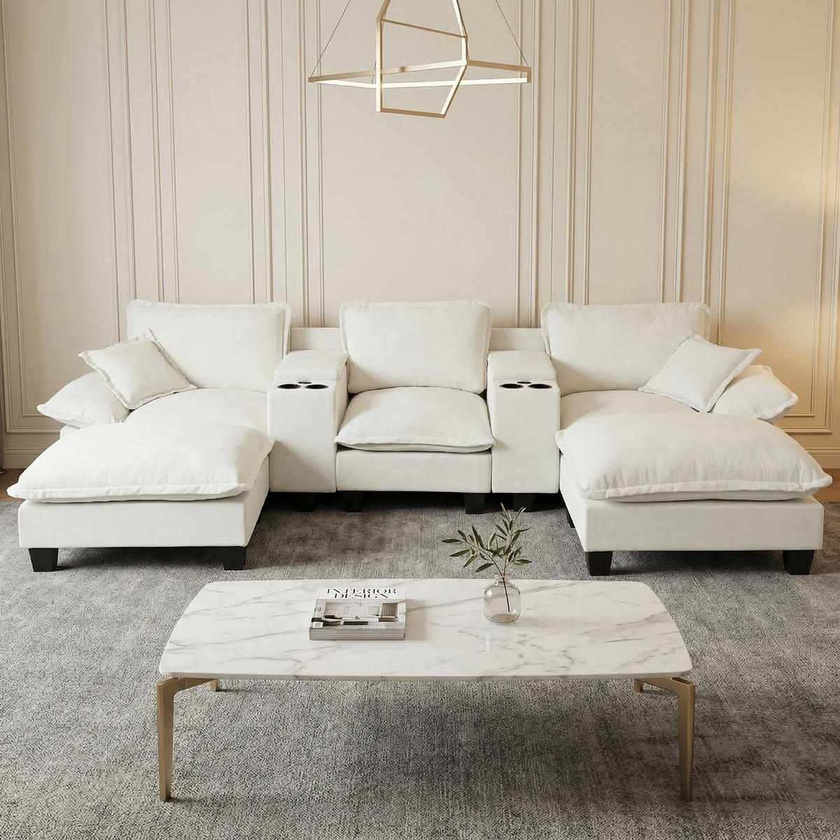 WOHNLANDSCHAFT 324/155/90 cm Beige mit 2 bewegliche Fußhocker, Getränkehaltern und Stauraum - Beige, Textil (323/90/151cm) - Oxeza