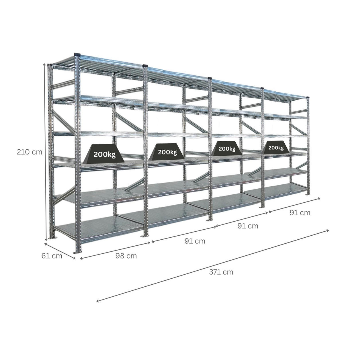 FACHBODENREGAL Proximo Stecksystem 210x360x60cm 6 Ebenen Beidseitig nutzbar Verzinkt - Silberfarben, Metall (360/210/60cm) - PROREGAL