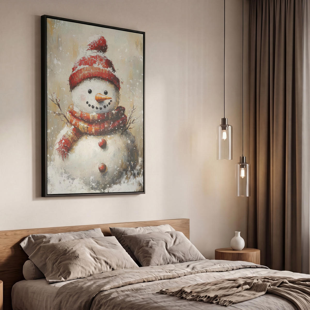 LEINWAND Bilder mit Rahmen - Schneemann - Winter - Schnee - Beige - 60x90 - Weiß, Textil (60/90cm) - MuchoWow