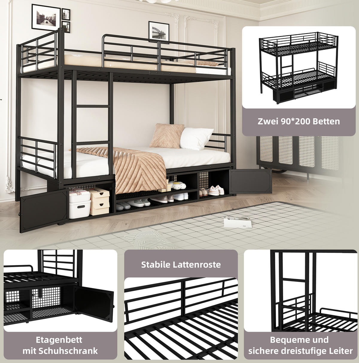 ETAGENBETT 90/200 cm aus Metall mit Schuhablage und 2 Türen in Schwarz - Schwarz, Metall (90/200cm) - BEAOK