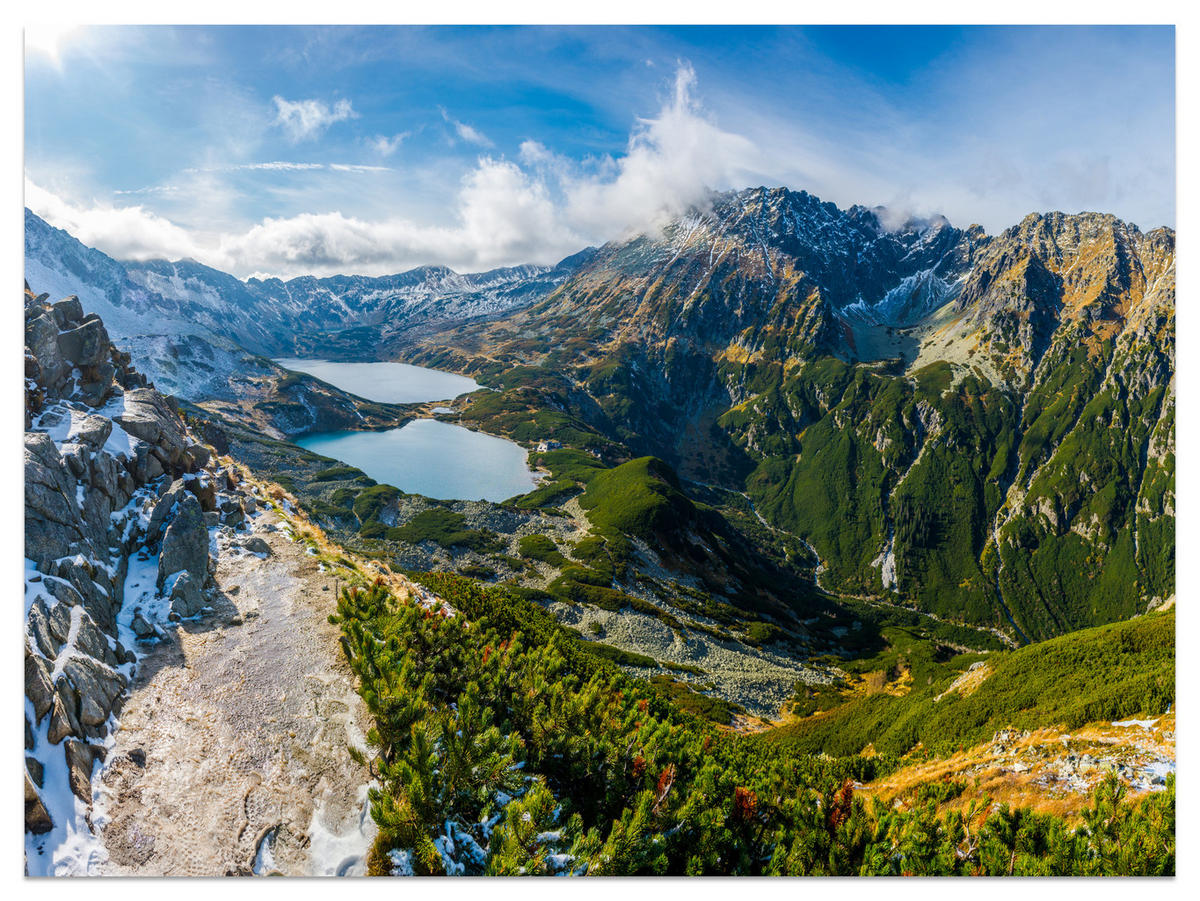 FOTOTAPETE für Wohnzimmer Tal der Fünf Polnischen Seen Gebirge 300x210 - Blau/Gelb, Papier (300/210cm) - Muralo