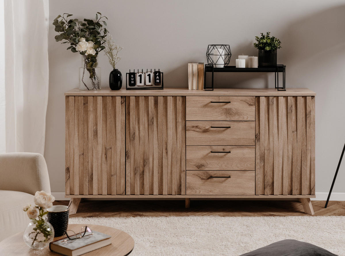 SIDEBOARD Eiche 175 cm, Kommode mit Push-to-Open und viel Stauraum - Eichefarben/Messingfarben, Holzwerkstoff/Metall (175/85/40cm) - Furn.Design
