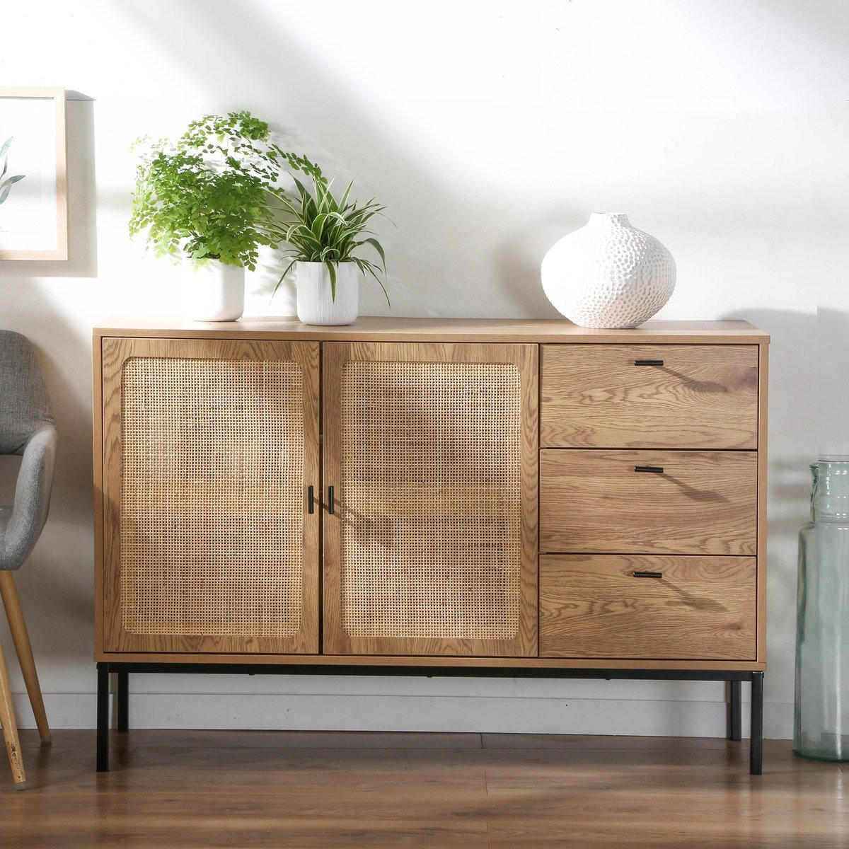 SIDEBOARD mit 2 türen und 3 schubladen aus rattan jaya 120/40/80 cm - Apfelbaumfarben, Holzwerkstoff (120/80/40cm) - Calicosy