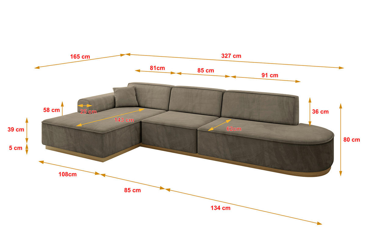 ROHOVÁ SEDAČKA s otomanem, levá IREA-L2-v2 327x165x80 Hnědá Velur - černá/hnědá, kompozitní dřevo/textil (328/171cm) - ALTDECOR