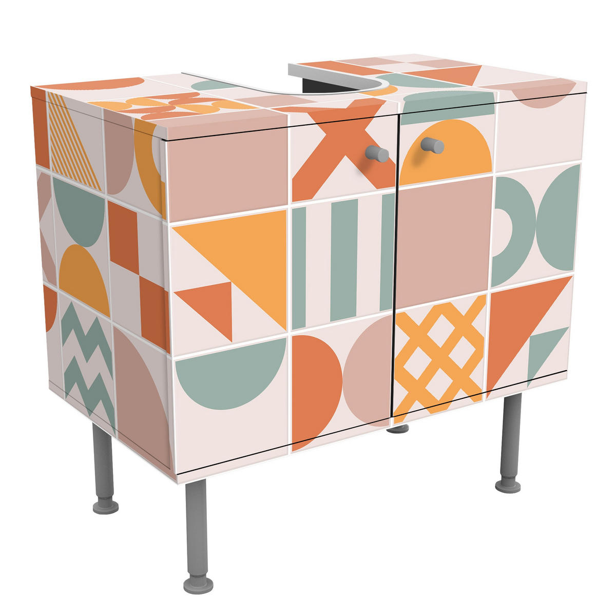 WASCHBECKENUNTERSCHRANK Fliesen Geometrische Formen Apricot und Türkis 60/55/35 cm - Orange, Holzwerkstoff (60/55/35cm) - Bilderwelten