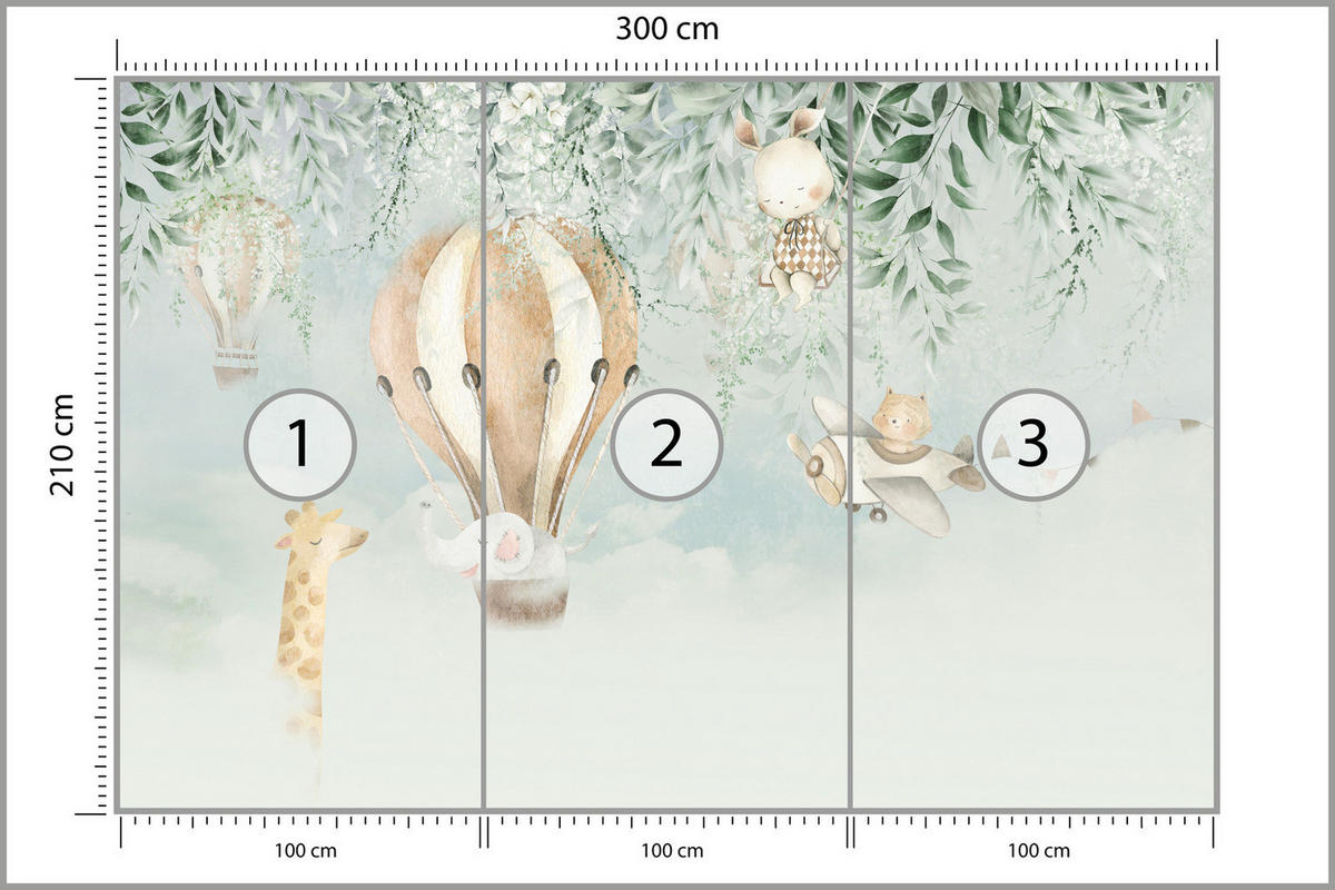 FOTOTAPETE Für Kinder TIERE Luftballons Blätter Blumen Wolken 300x210cm - Beige/Braun, Papier (300/210cm) - Muralo