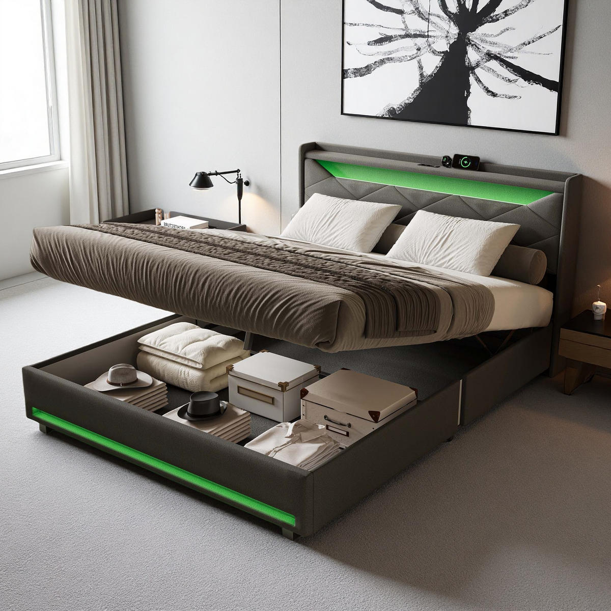 POLSTERBETT 140x200 cm Grau Leinen LED USB Stauraum - Grau, Metall (140/200cm) - SHOPENTRA