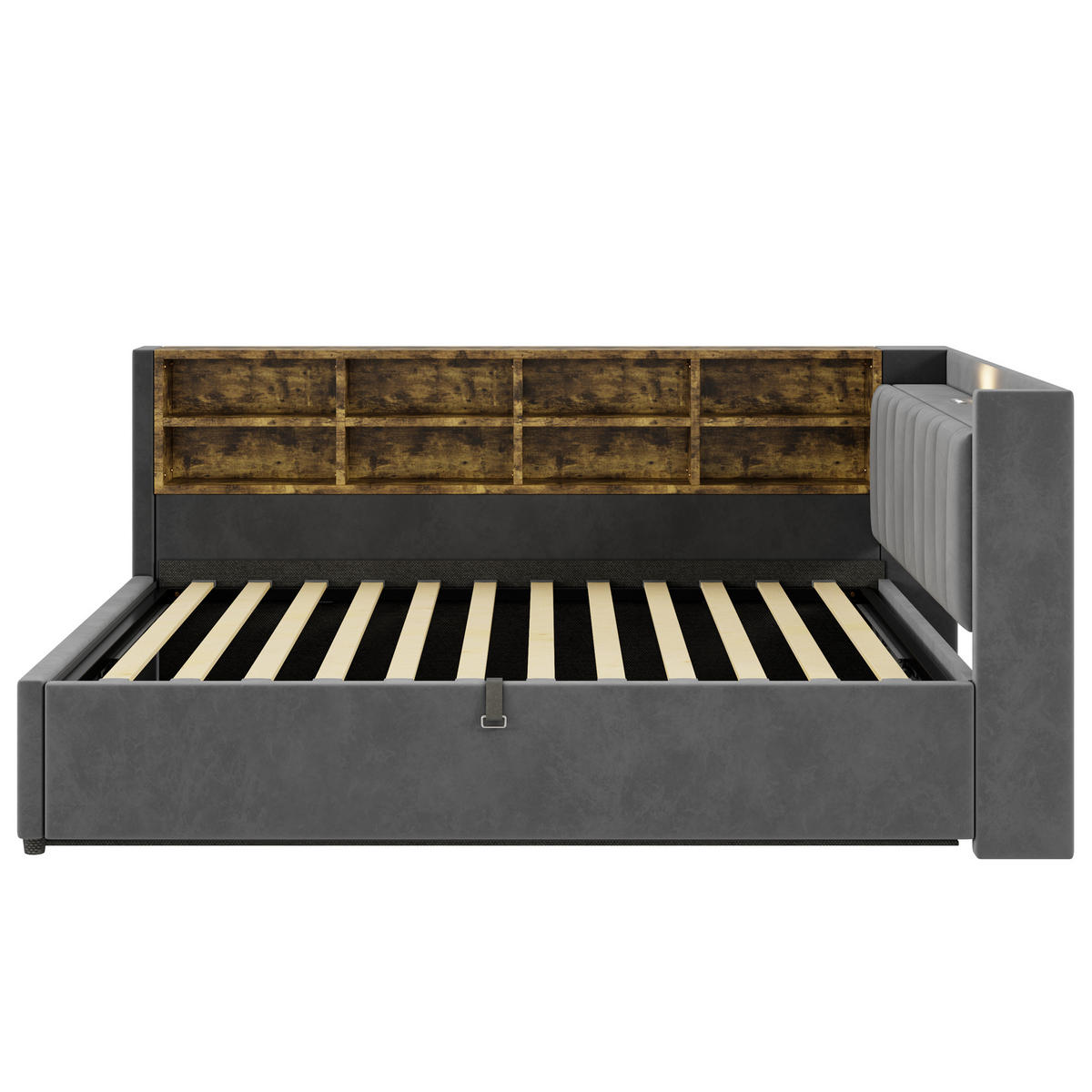 SCHLAFSOFA 140/200 cm in Dunkelgrau Samt mit Bettkasten, LED, USB, Type-C und Ablagen - Dunkelgrau, Holzwerkstoff/Textil (140/200cm) - WISHDOR