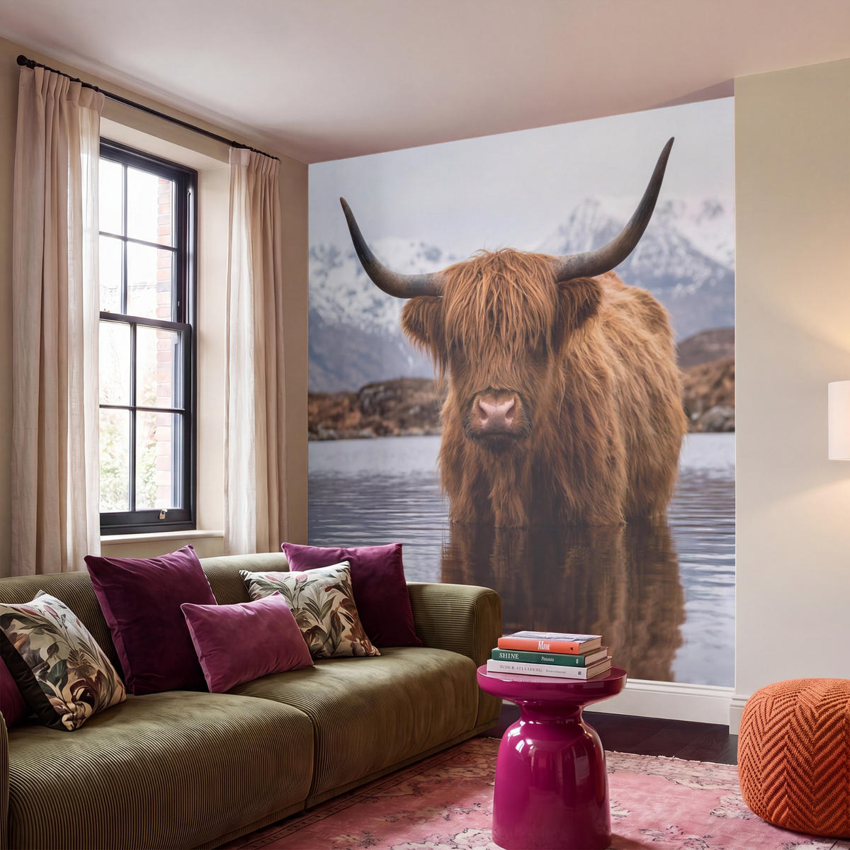 TAPETE - Schottischer Hochländer - Braun - Wasser - 200x200 cm - Braun, Papier (200/200cm) - OnlyWow