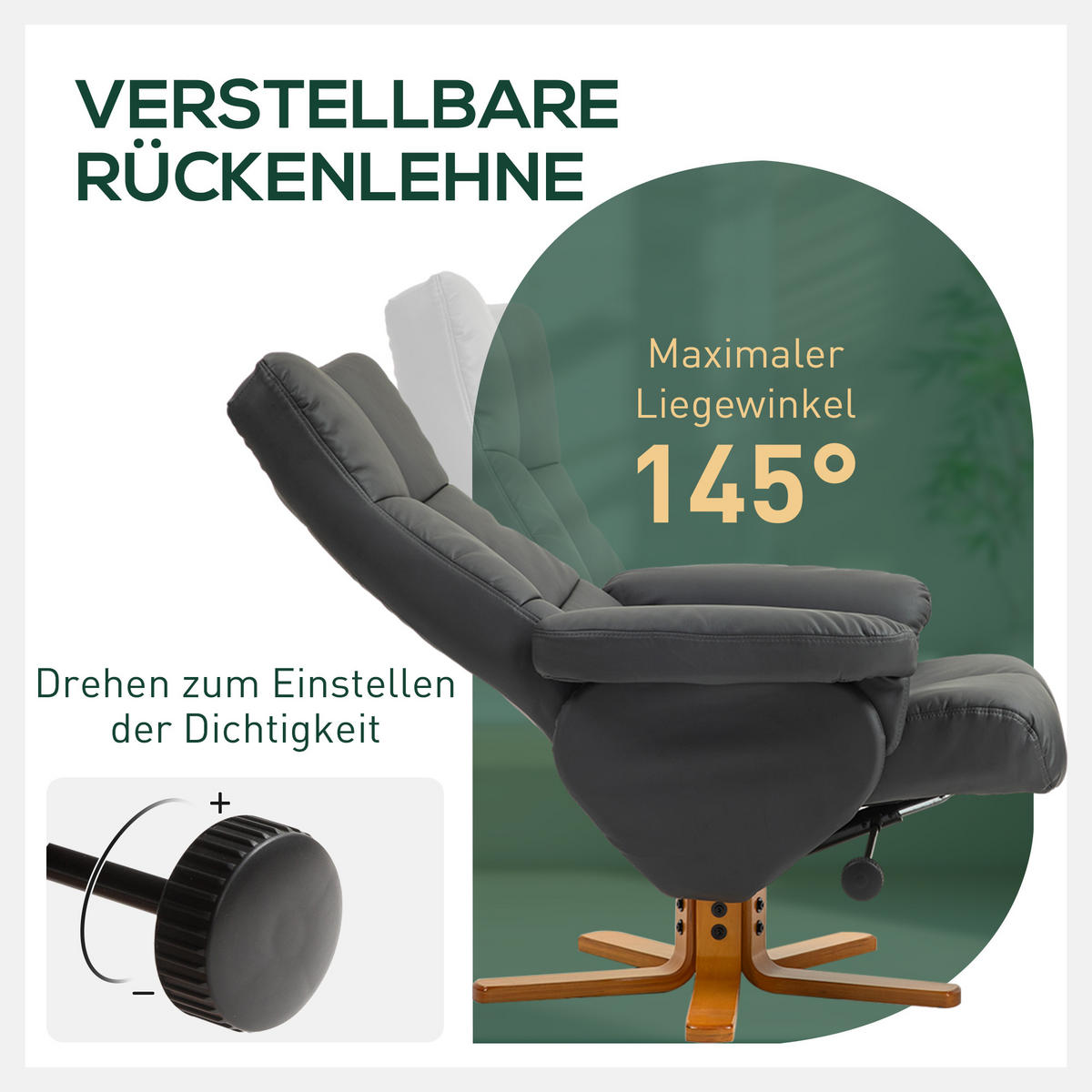 RELAXSESSEL mit Hocker, Stauraum, Fernsehsessel mit Liegefunktion, Dunkelgrau - Dunkelgrau/Braun, Holz (86/99/80cm) - HOMCOM