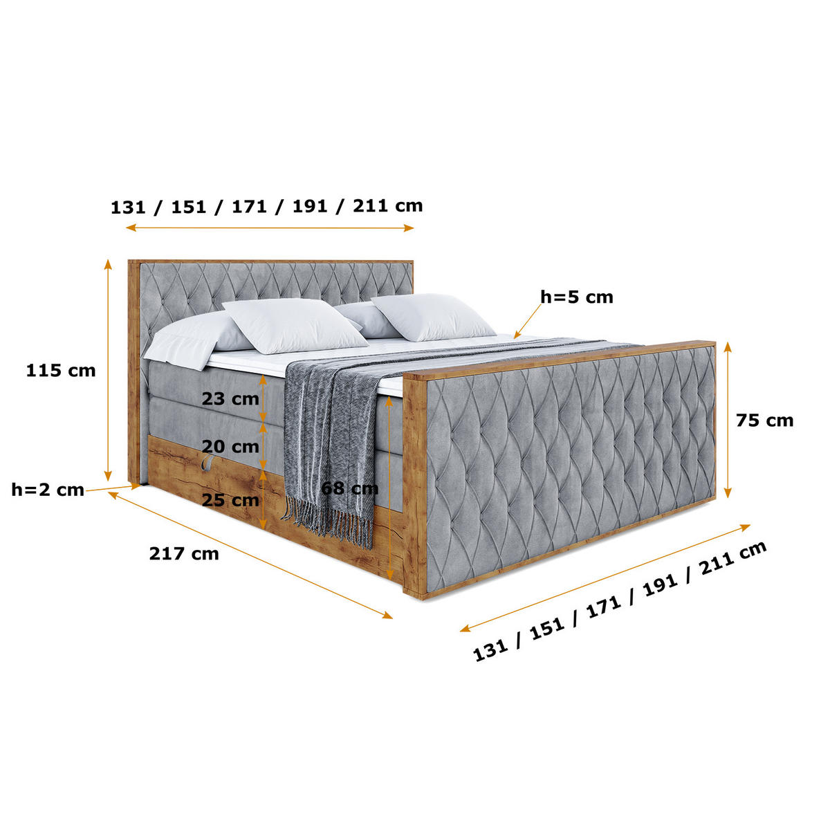 BOXSPRINGBETT mit Matratze H3|H4 und Lattenrost - LOLLI5-Z KING-180x200 - Grau Casablanca - Grau, Holzwerkstoff (180/200cm) - ALTDECOR