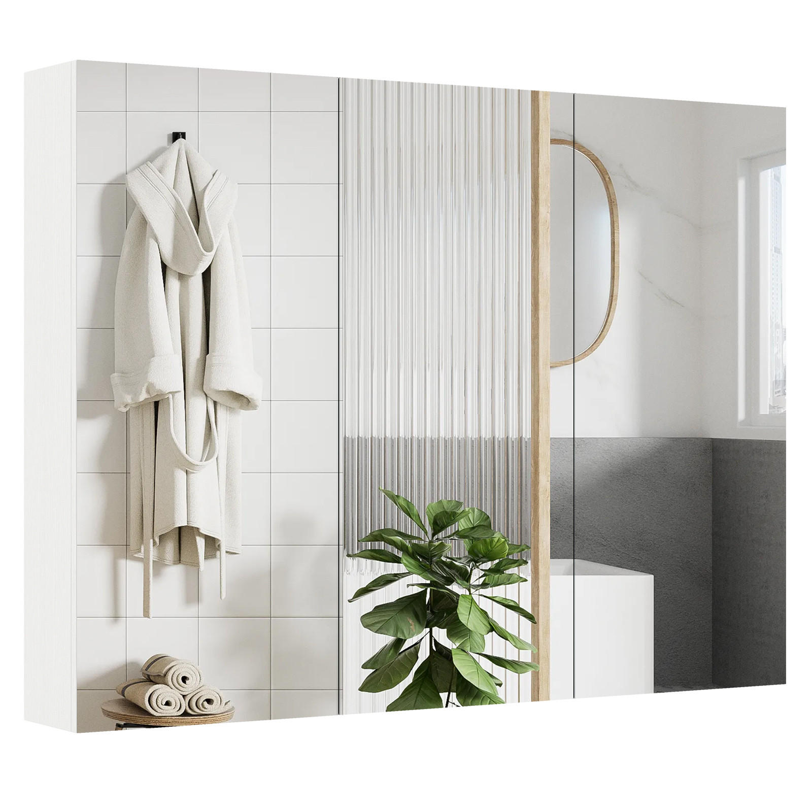 BAD-SPIEGELSCHRANK mit 3 Türen weiß - Weiß, Holzwerkstoff (87/12.5/65cm) - COSTWAY