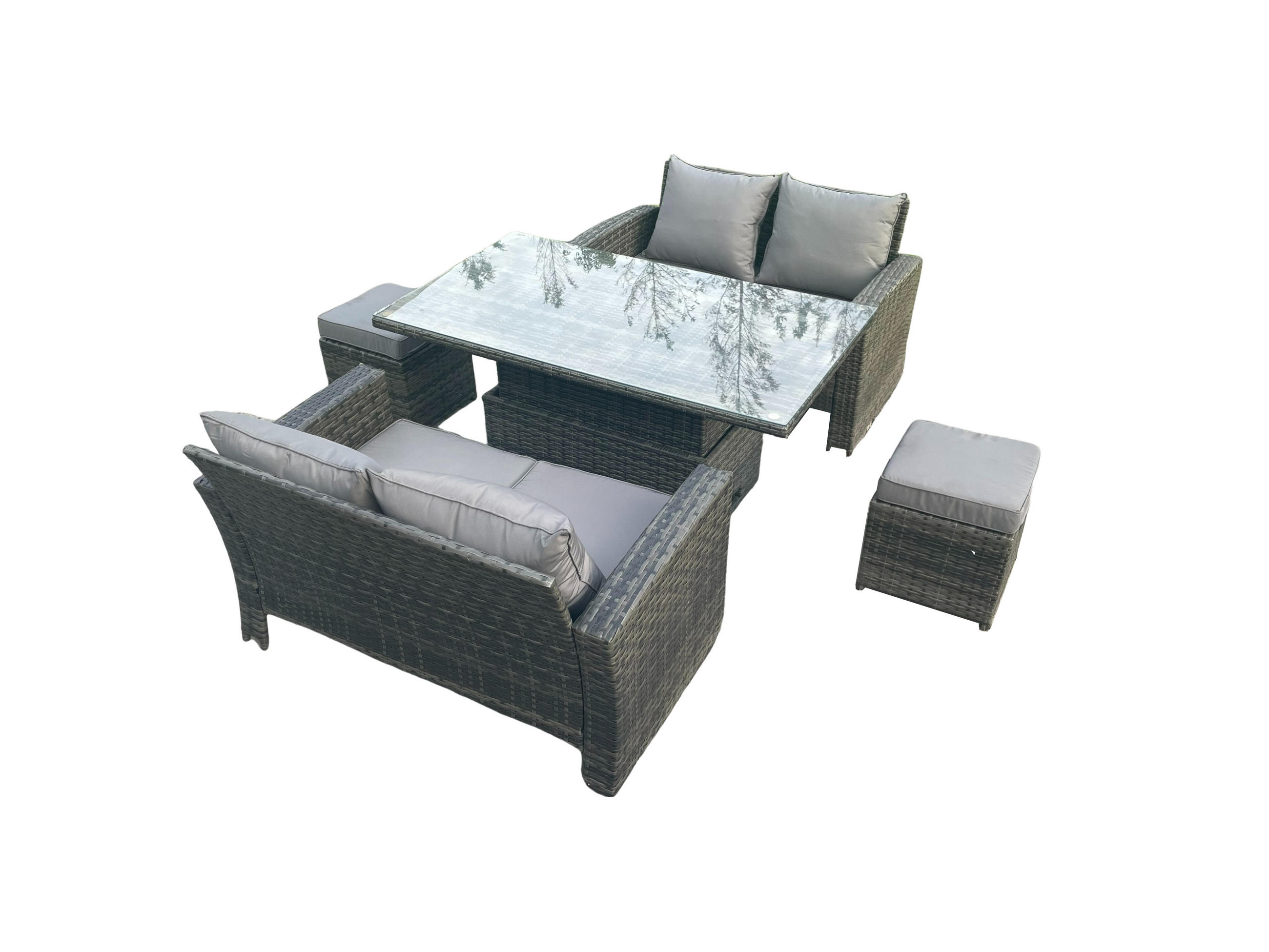 GARTENMÖBE-SET HÖHENVERSTELLBARER ESSTISCH SOFA MIT 2 KLEINEN HOCKER Polyrattan Dunkelgrau Gemischt 6-Sitzer - Dunkelgrau, Metall - Fimous