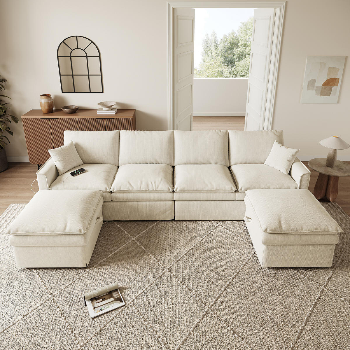 WOHNLANDSCHAFT U-/L-Form 6-Sitzer Modulsofa mit 2 Stauraum-Hockern, DE-42512, Beige - Beige, Holzwerkstoff (277/80/135cm) - ComfortXL