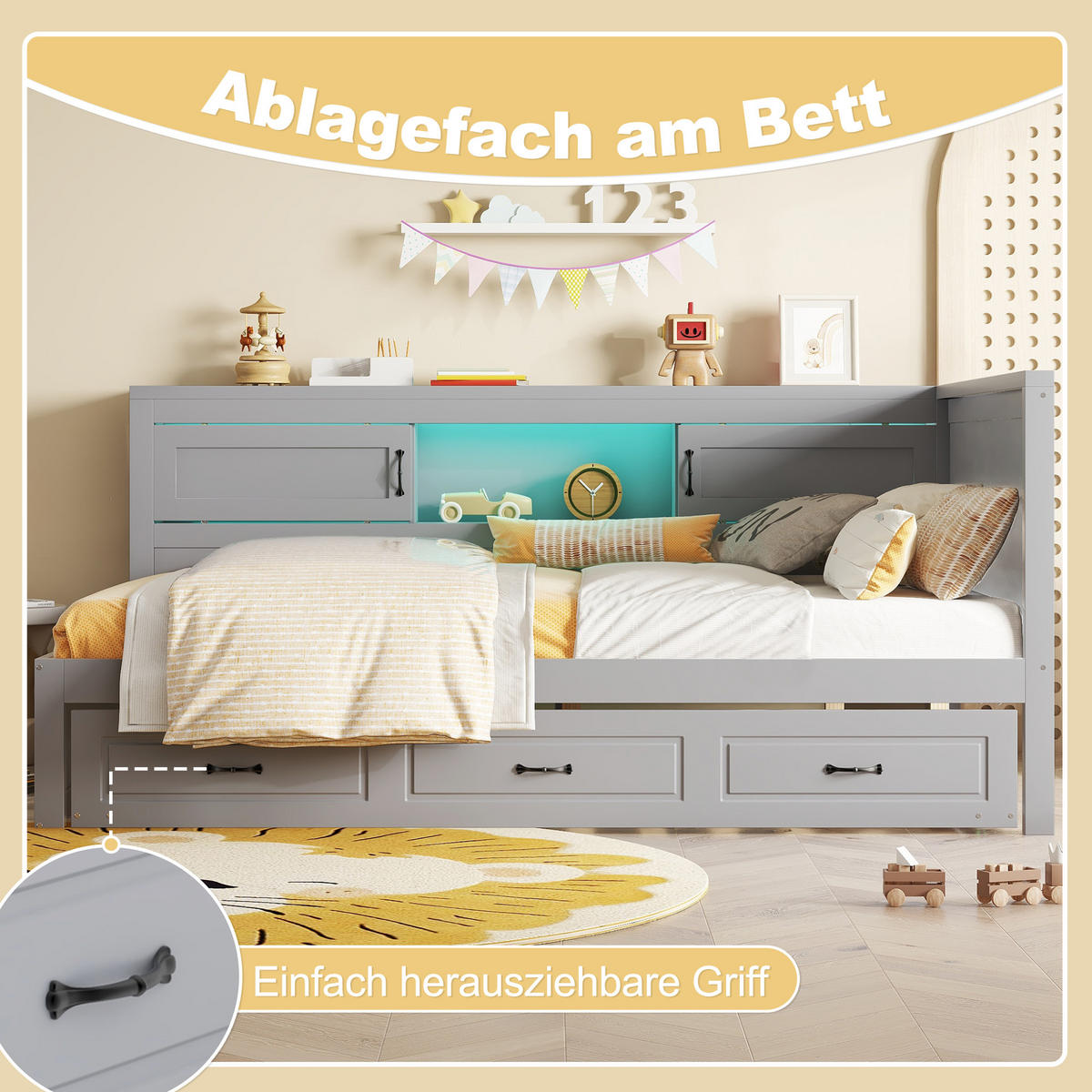 SCHLAFSOFA 90x200cm Grau LED-Licht Bettseite Staufach Ausziehbett USB - Grau, Holz (90/200cm) - FLIEKS