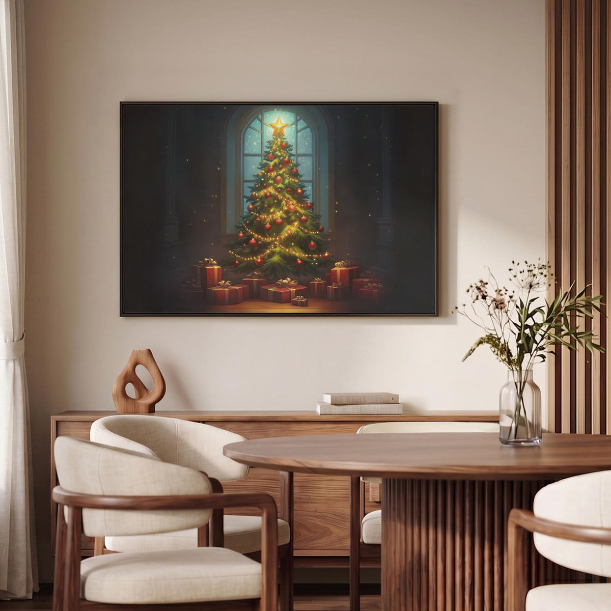 LEINWAND Bilder mit Rahmen - Weihnachtsbaum - Geschenk - Winter - 90x60 - Grün, Textil (90/60cm) - MuchoWow