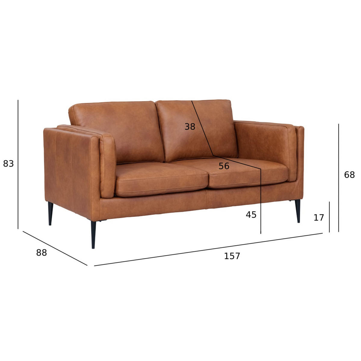 ZWEISITZER-SOFA Echtleder Cognac Braun - Schwarz/Braun, Leder/Metall (157/83/88cm) - Furnhouse