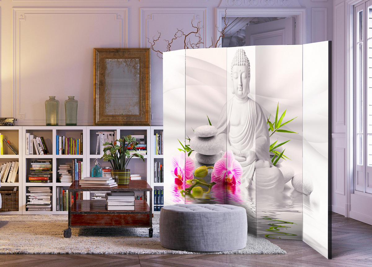 PARAVÁN Obojstranný 5-Dielny 225x172 cm Socha Buddhu a Orchidey - sivá, drevo/textil (225/172/3cm) - Muralo