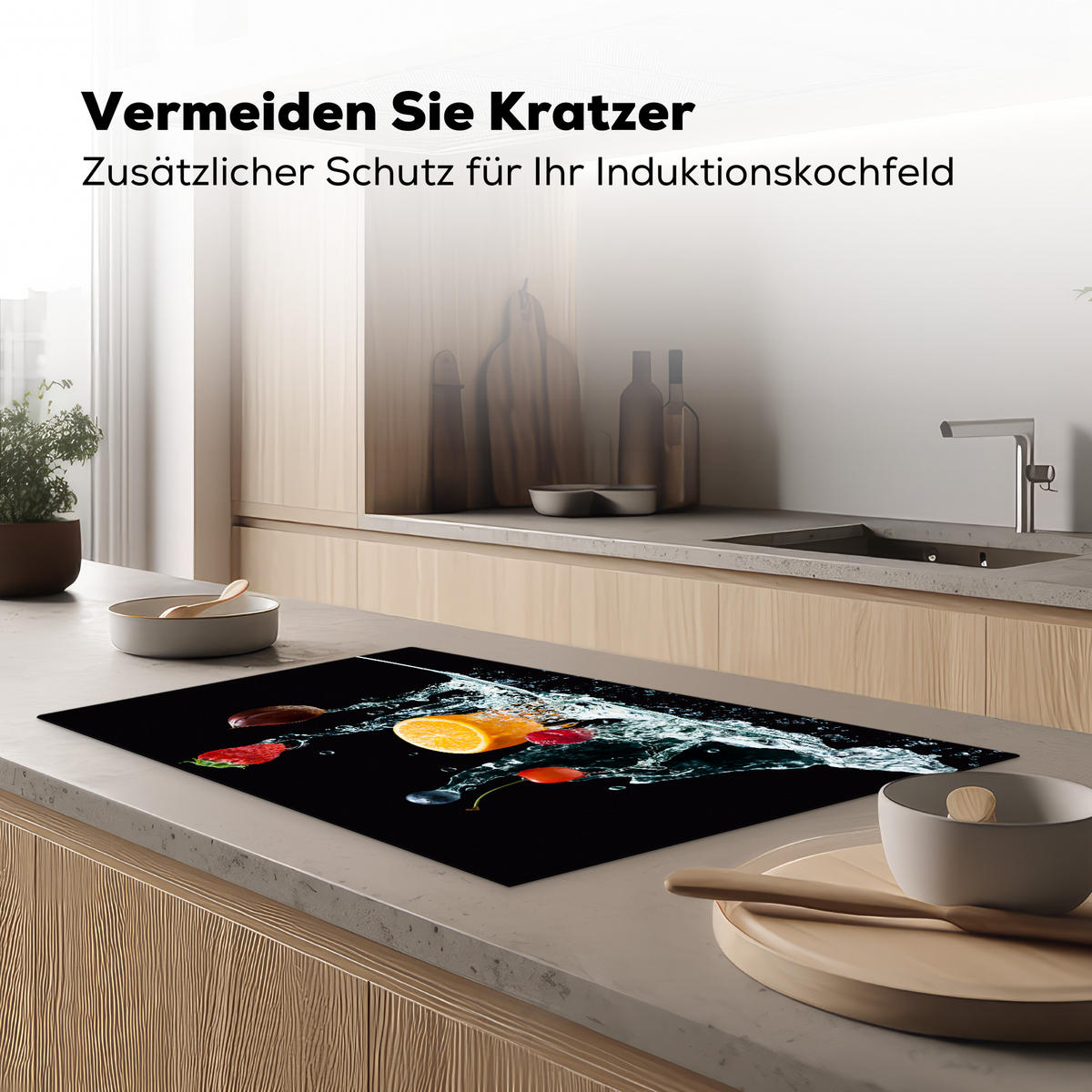 HERDABDECKPLATTE Wasser - Obst - Orange - Erdbeere - Kirsche - Schwarz Induktionsmatte 83x51 cm - Orange, Kunststoff (83/51.5/0.2cm) - MuchoWow