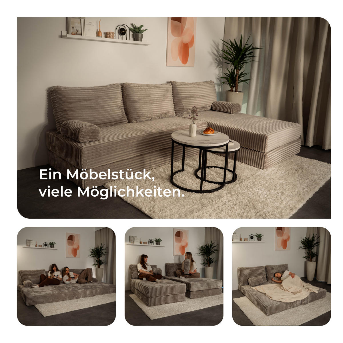 ECKSOFA ANKO modulares Boneless Sofa mit Schlaffunktion Hellgrau Kordstoff - Grau, Textil (270/160cm) - MASSENO