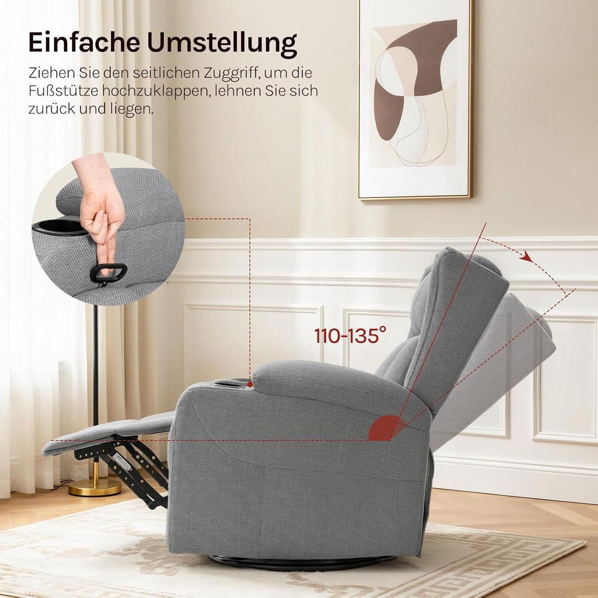 RELAXSESSEL mit Liegefunktion, drehbar, Leinenoptik, Grau - Grau, Kunststoff/Textil (87/103.5/94.5cm) - Woltu