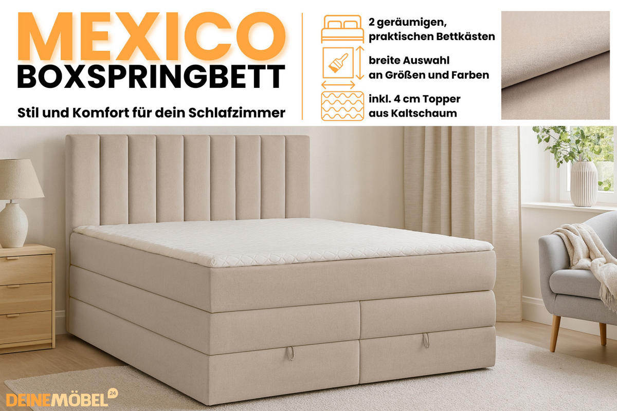 BOXBETT MEXICO 140/200 in Velours Beige mit Doppelmatratze - Beige, Holz/Holzwerkstoff (140/200cm) - Deine Möbel 24
