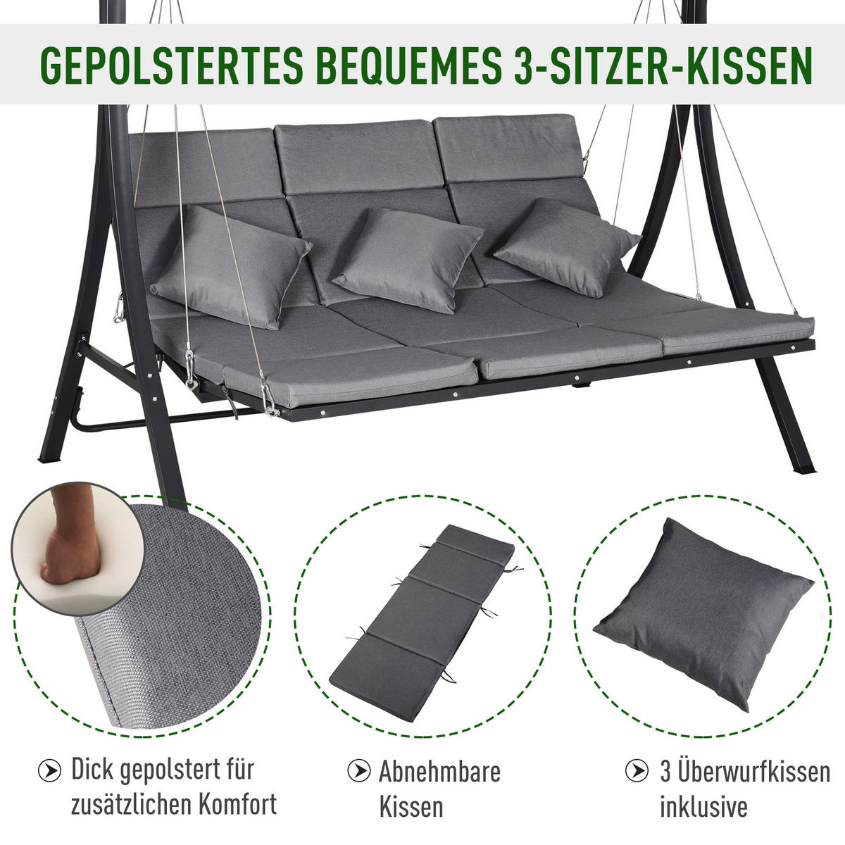HOLLYWOODSCHAUKEL 3-SITZER DE-06984 inkl. Kissen, wetterbeständig Grau - Schwarz/Grau, Textil/Metall (200/168/115cm) - ComfortXL