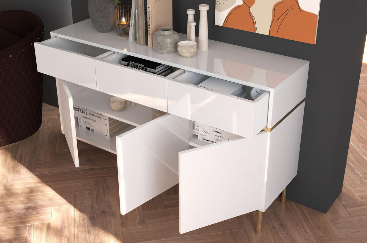 SIDEBOARD Marika, Weiß, Gold, Hochglanz - Goldfarben/Weiß, Holzwerkstoff/Metall (137.5/85/39.5cm) - Dancan