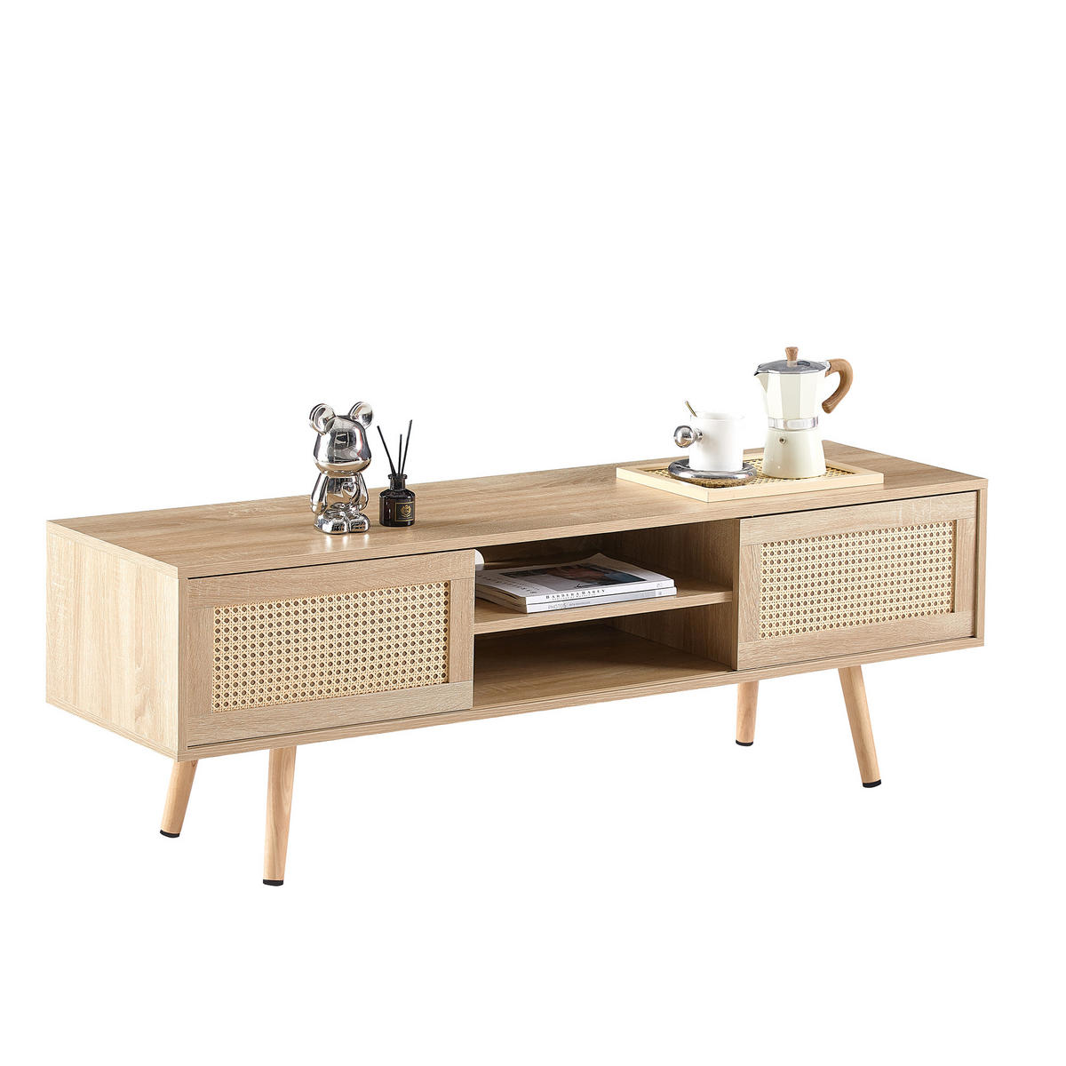 TV-ELEMENT140X40X45CM Rattan-Schiebetüren Massivholzbeine Naturfarbenholzoptik - Naturfarben, Holz (49/12/150cm) - Raelunyi