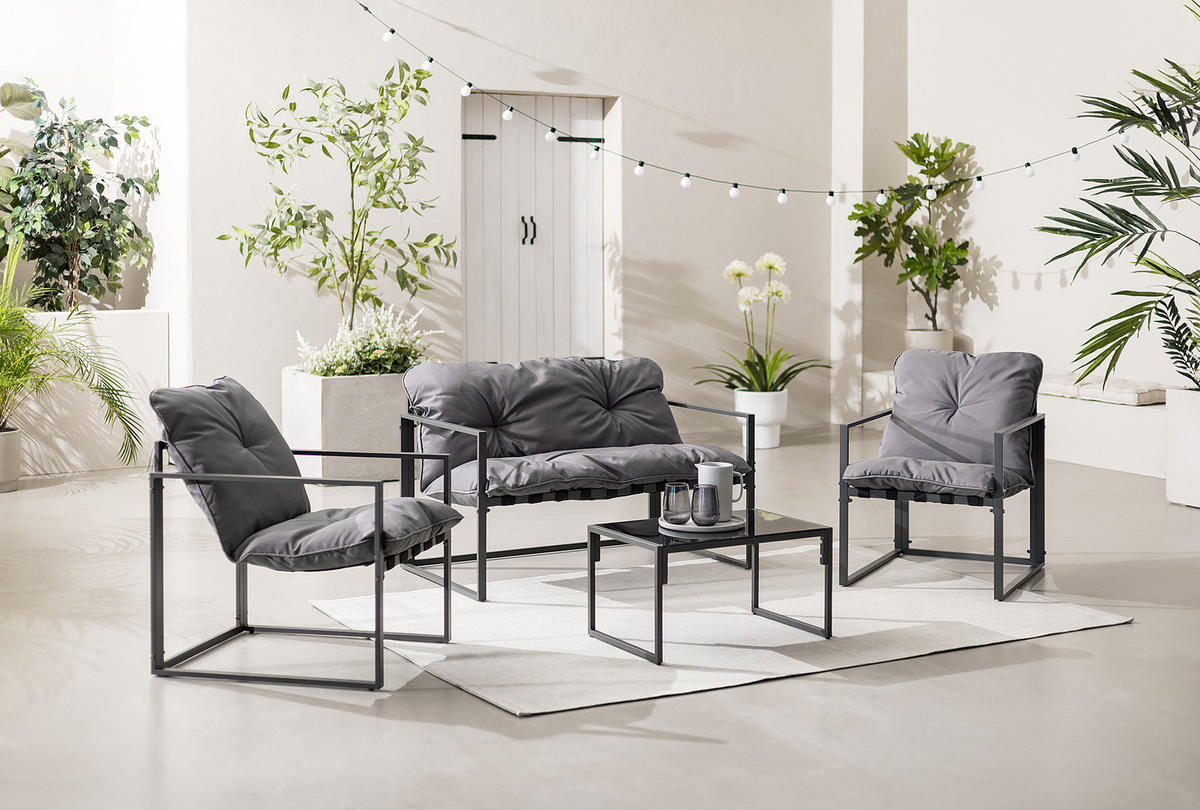 GARTENSITZGRUPPE - Eisen / Polyester - Schwarz / Grau - 4-teilig - Schwarz/Grau, Glas/Kunststoff - home24