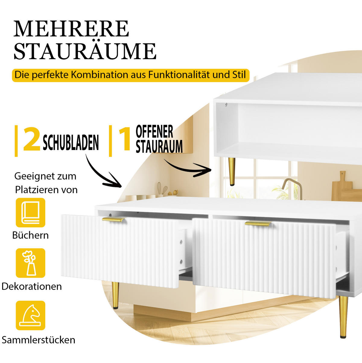 COUCHTISCH 100/50/40 cm mit 2 Schubladen und Ablageboden in Streifenoptik, Weiß/Gold - Weiß, Holzwerkstoff (100/50/40cm) - Redom