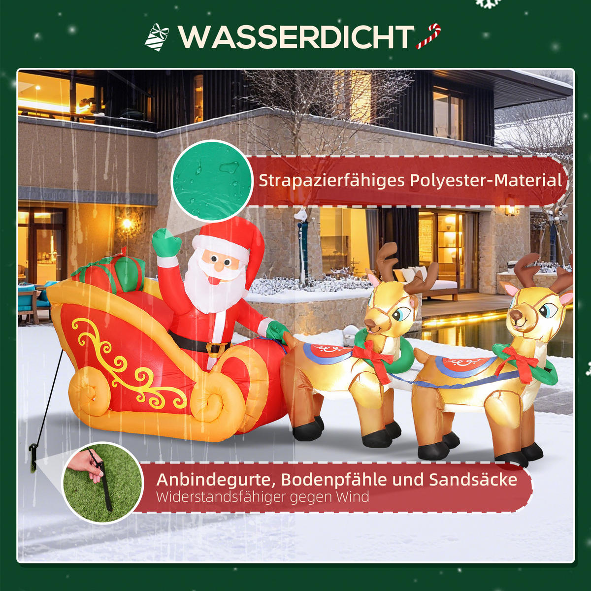 240 cm Aufblasbarer Weihnachtsmann auf Schlitten mit 2 Rentier LED-Lichtern - Rot, Textil (75/100/240cm) - Outsunny