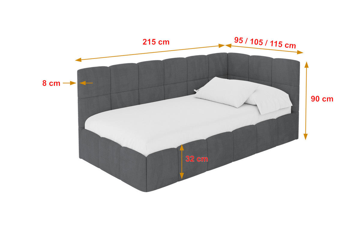 EINZELBETT Jugendbett mit Bettkasten Links, mit Matratze - LIVY 90x200 Dunkelgrau - Graphitfarben, Holzwerkstoff/Textil (90/200cm) - ALTDECOR