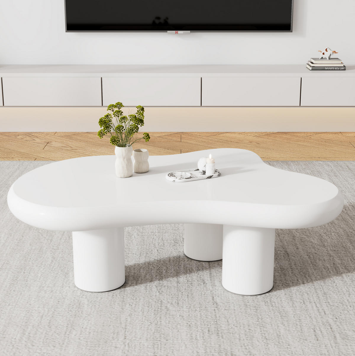 COUCHTISCH wolkenförmig 97/67/32 cm in Weiß MDF mit Filzunterlagen - Weiß, Holzwerkstoff (97/67/32cm) - OKWISH