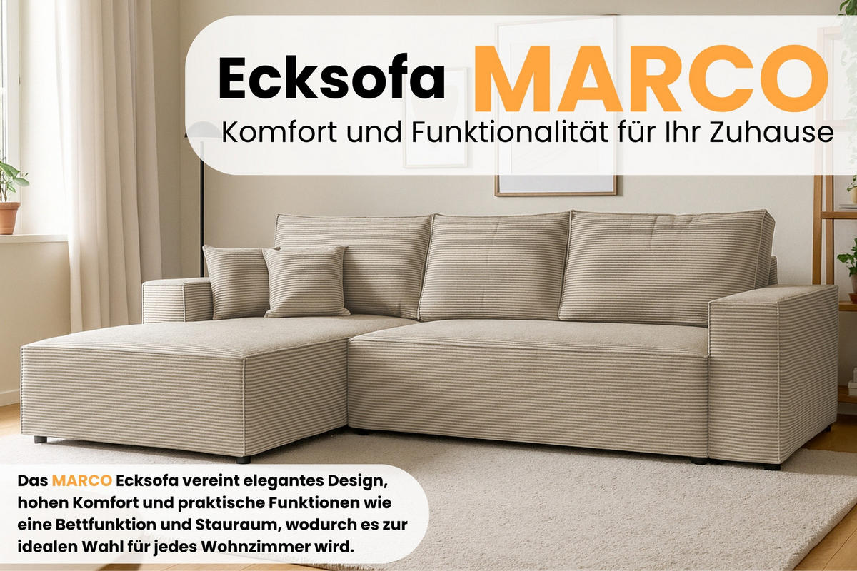 ECKSOFA MARCO 294/185 in Cord Beige mit Schlaffunktion links - Beige, Holz/Holzwerkstoff (294/185cm) - Deine Möbel 24