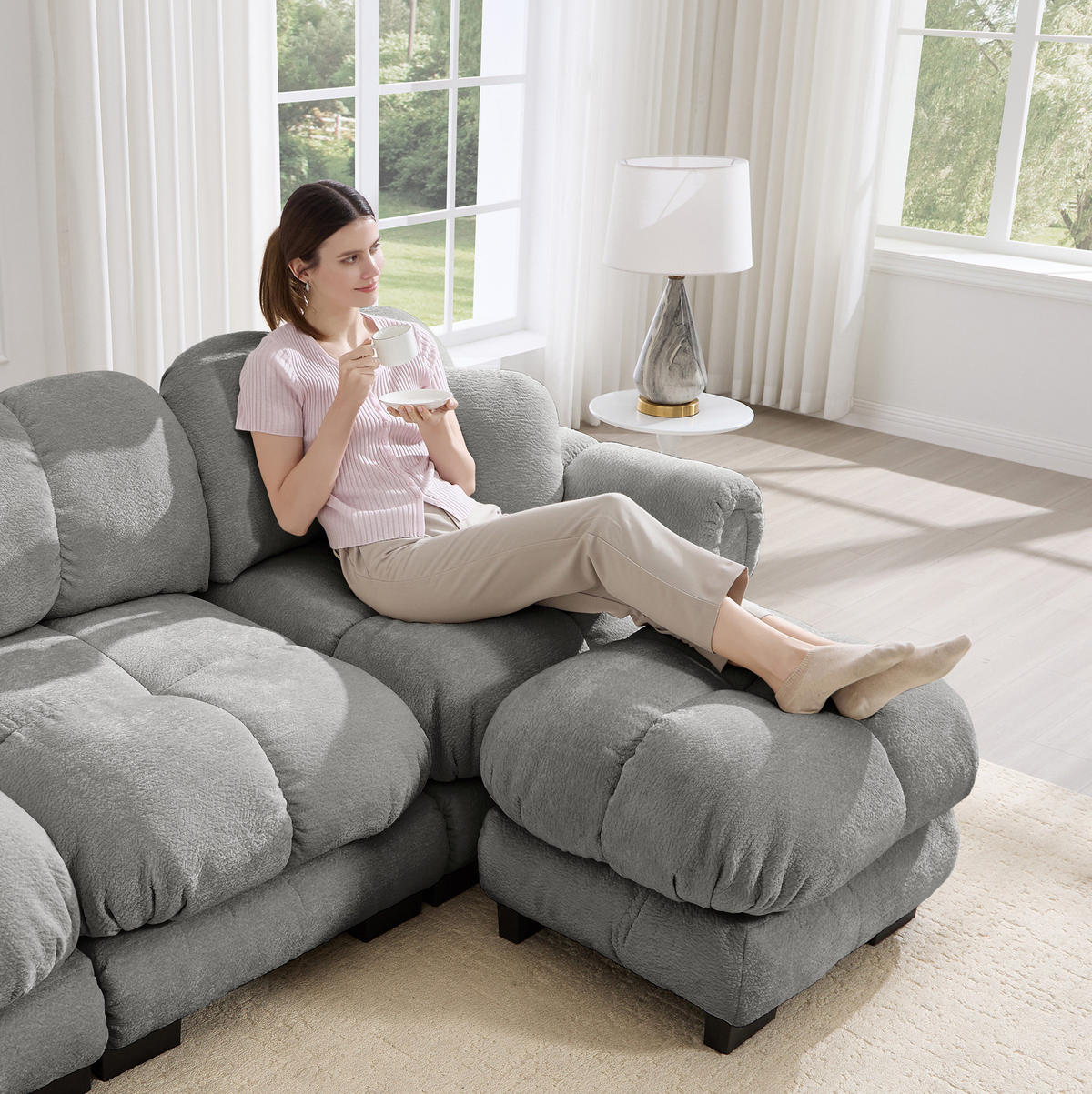 SOFA modular in L-Form Chenille Hellgrau - Hellgrau, Holz (149/190cm) - Meubliv