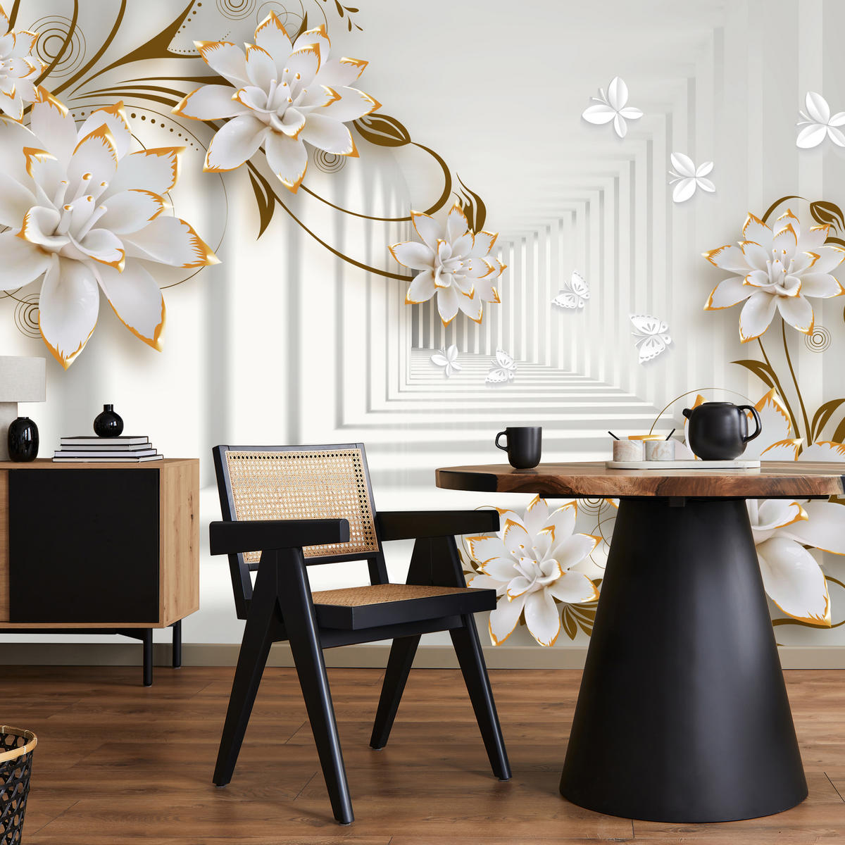 FOTOTAPETE für Wohnzimmer Abstrakter Blumen Tunnel Schmetterlinge 500x350 - Beige/Orange, Papier (500/350cm) - Muralo