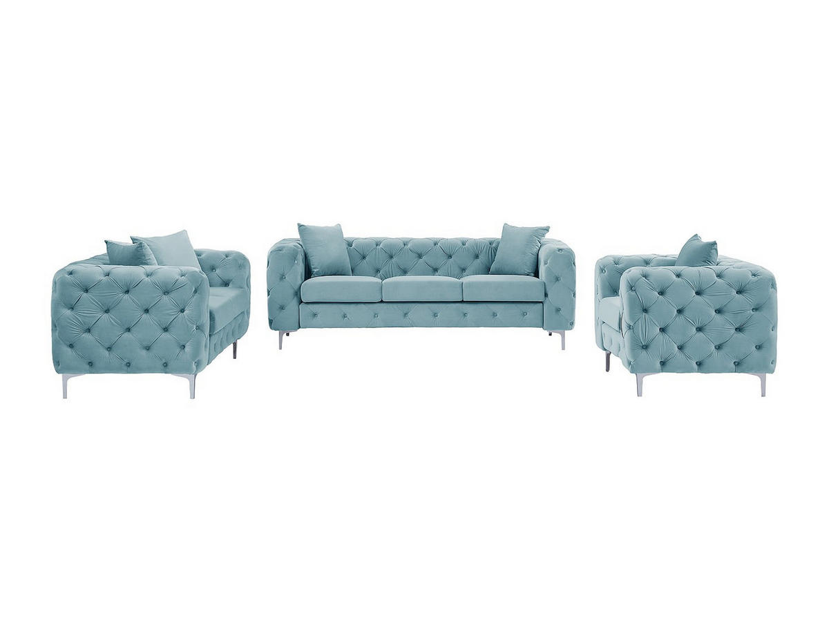 CHESTERFIELD-SOFA 3-Sitzer, 2-Sitzer & Chesterfield-Sessel - Samt - Pastellblau - EDWINA - Hellblau, Textil (91/76/220cm) - Vente-Unique