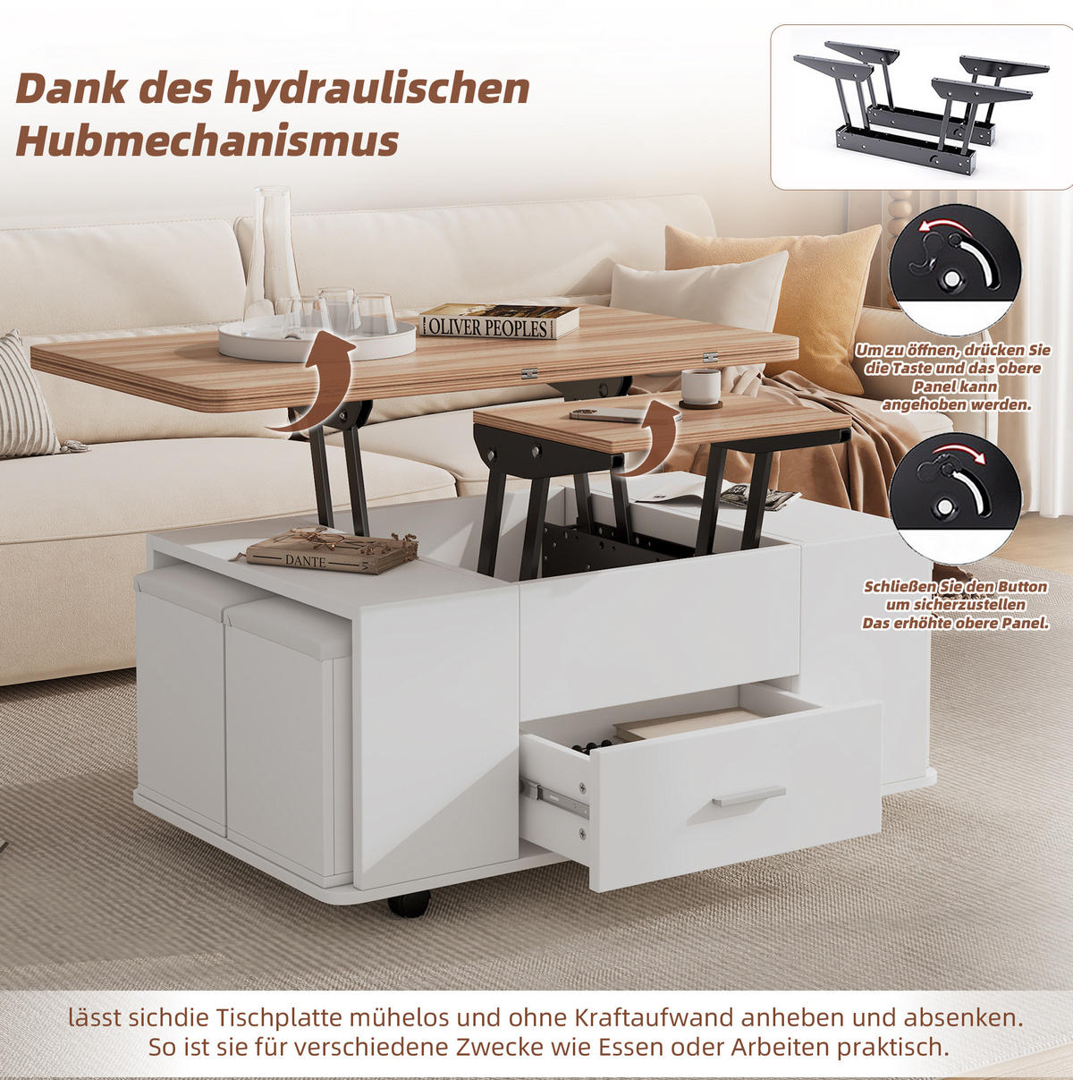 COUCHTISCH 100/50/45 cm höhenverstellbar mit ausklappbarer Tischplatte, 4 Hockern und Stauraum aus Spanplatte, Weiß/Naturholzfarbe - Weiß, Holzwerkstoff (100/50/45cm) - Redom