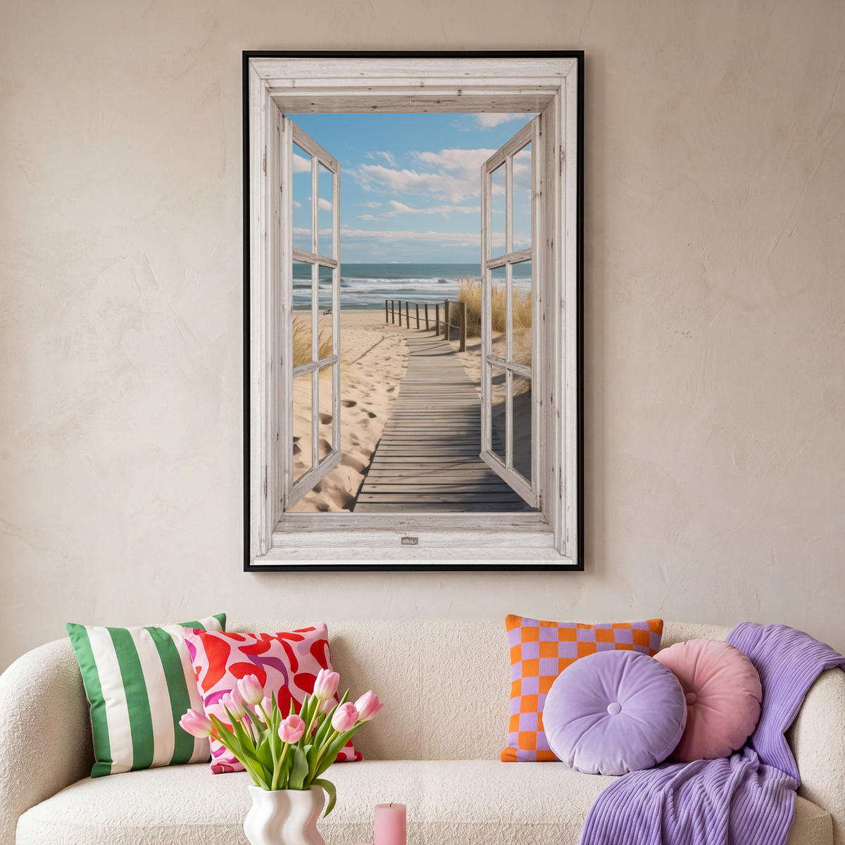 LEINWAND Bilder mit Rahmen - Fenster - Meer - Küste - Natur - Ausblick - Strand - Wattenmeer - 100x150 - Beige, Textil (100/150cm) - MuchoWow