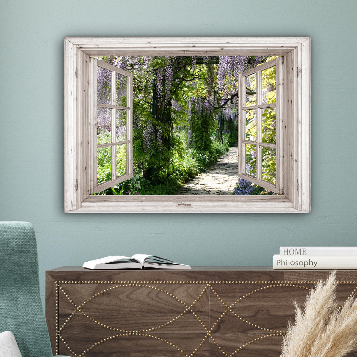 LEINWANDBILD Blauer Regen - Blumen - Aussicht - Baum - Frühling Wandbilder 80x60 cm - Grün, Textil (80/60cm) - MuchoWow